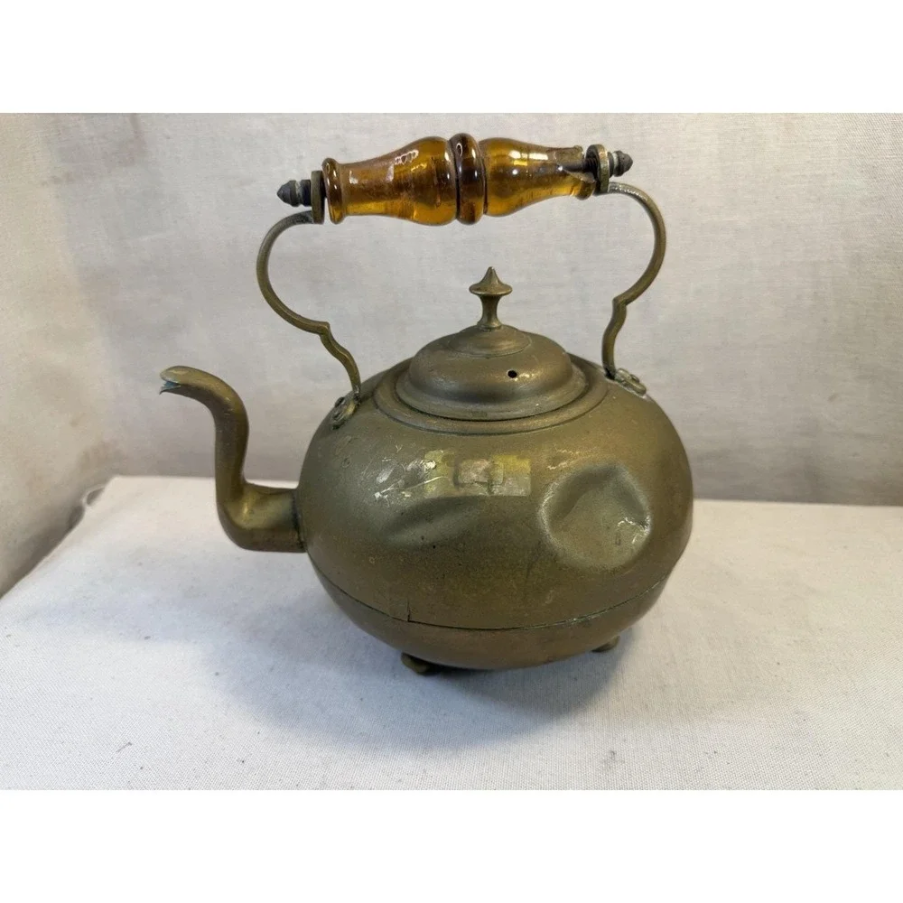 Antique‎ Brass Teapot with Amber Handle, Footed Round Kettle, Vintage